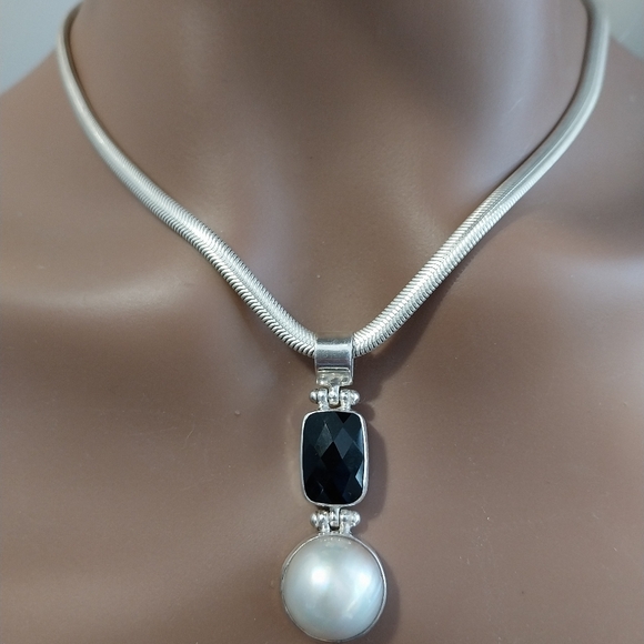 Silver  Necklace Perl Mabe & Gemstone - Picture 4 of 15